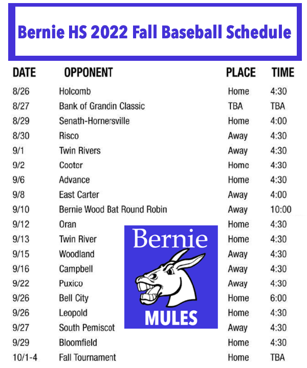 2022 Bernie High School Fall Baseball Schedule