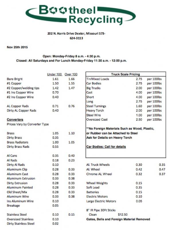 Bootheel Recycling Price Sheet - November 25, 2015