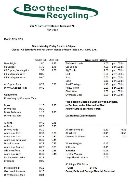 Bootheel Recycling Price Sheet - March 17, 2016