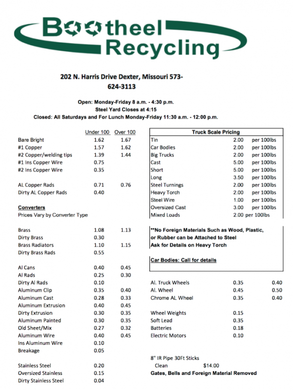 Bootheel Recycling Price Sheet - Time to Clean Out Your Sheds