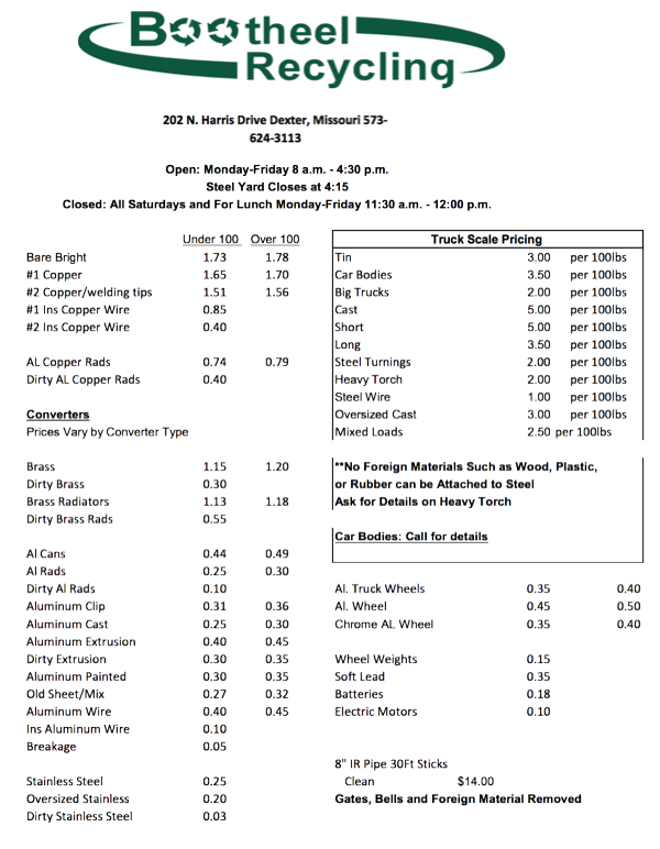 Bootheel Recycling Price Sheet - Still Beautiful Weather, Time to Recycle