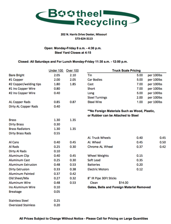 Bootheel Recycling Price Sheet - Metal IS HOT! When left in the sun!