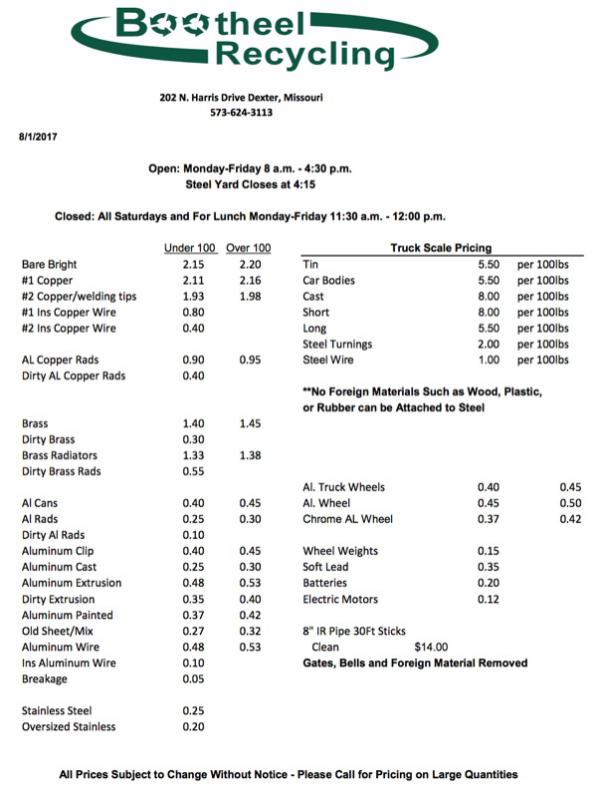 Bootheel Recycling Price Sheet! Save the Environment and Recycle!
