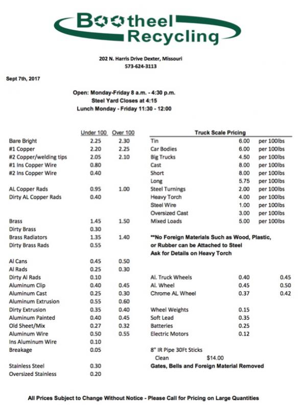 Bootheel Recycling Price Sheet - September 7, 2017