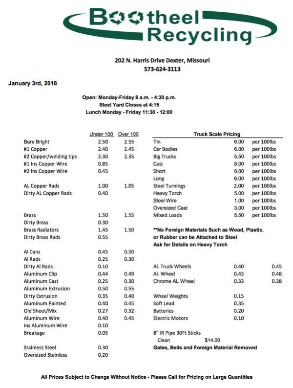 Bootheel Recycling Price Sheet - January 3, 2018 Happy New Year!