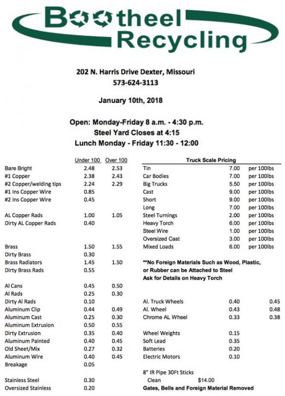 Bootheel Recycling Price Sheet - January 10, 2018