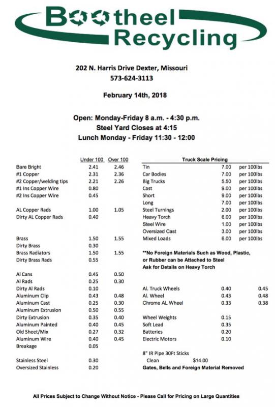 Bootheel Recycling Price Sheet - February 14, 2018