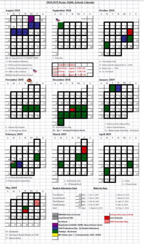 2018-2019 Dexter School Calendar