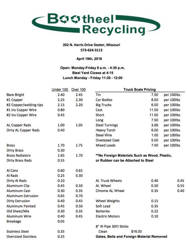 Bootheel Recycling Price Sheet - April 19, 2018