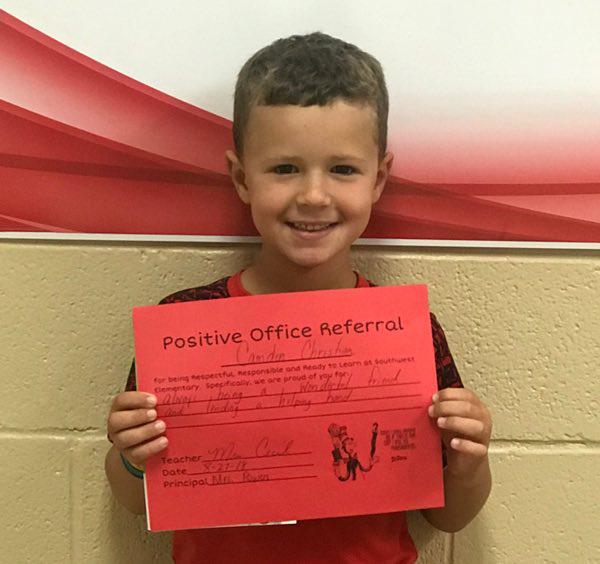 Kindergarten Student Earns Positive Office Referral Award