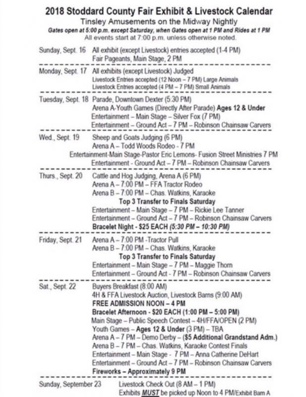 2018 Stoddard County Fair Exhibit and Livestock Calendar