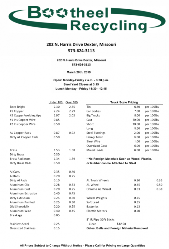 Bootheel Recycling Price Sheet - March 20, 2019