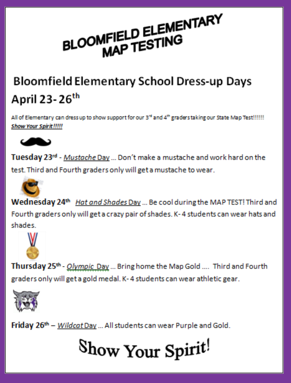 Bloomfield Elementary School Dress-Up Days for Map Testing Week