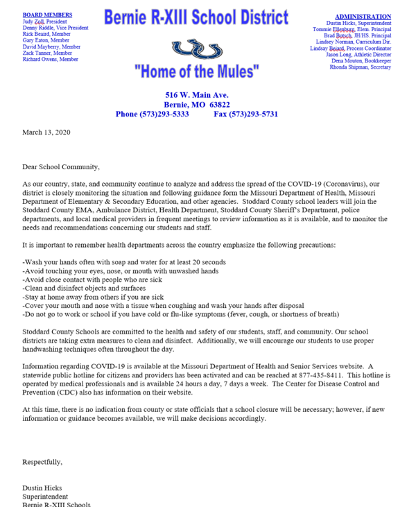 Letter from Dustin Hicks, Bernie School Superintendent