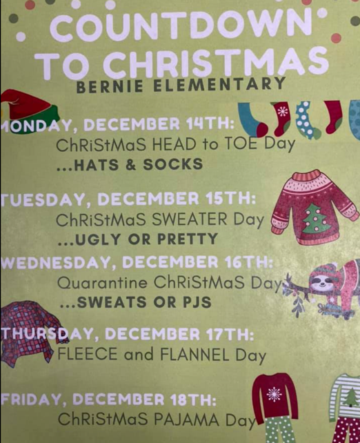 Bernie Elementary Countdown to Christmas Dress Up Days