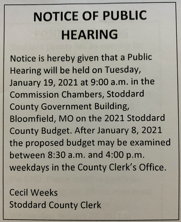 Notice of Public Hearing - Stoddard County Proposed Budget