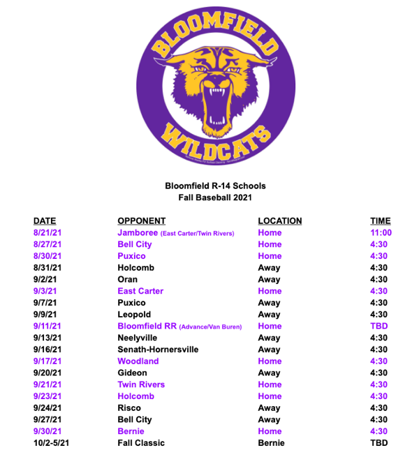 Bloomfield High School Fall Baseball Schedule 2021