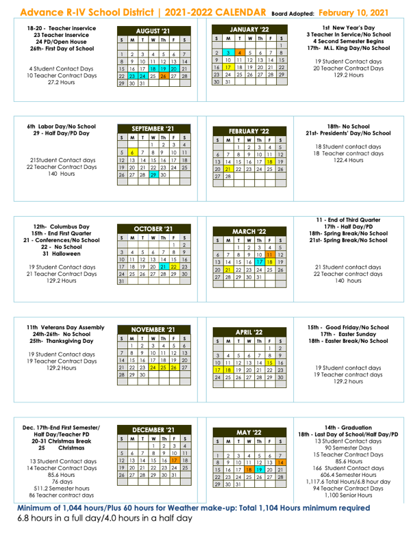 Advance Schools 2021 - 2022 Academic Calendar
