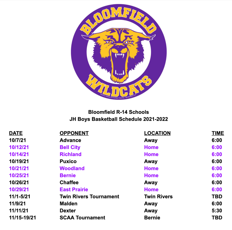Bloomfield JH Boys Basketball 2021 Schedule