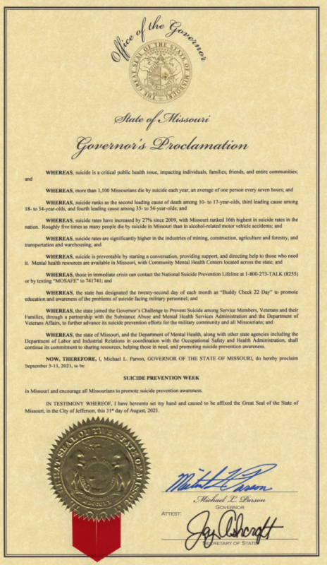 Governor Parson Proclaims September 5th - 11th Suicide Prevention Week in Missouri
