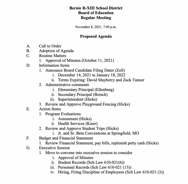 Bernie R-XIII School District Board of Education Regular Meeting Agenda
