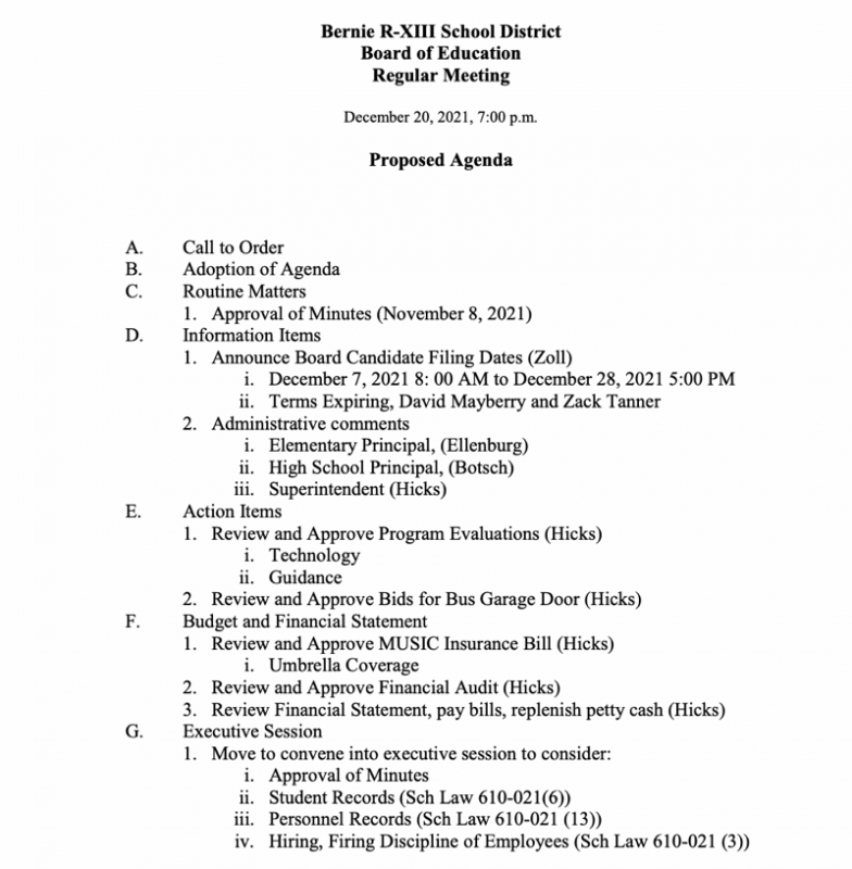 Bernie R-XIII School District Board of Education Proposed Agenda for December 20th