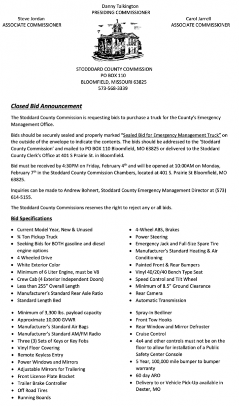 Stoddard County Commissioners Seek Bids on Emergency Management Truck