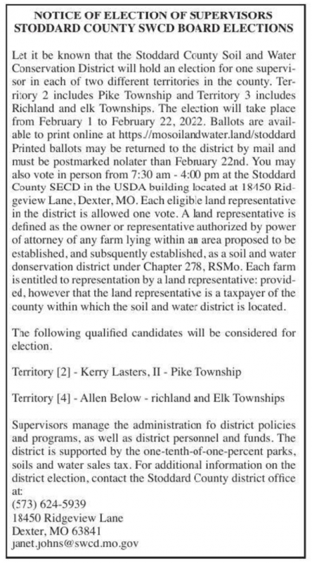 Notice of Election of Supervisors for Stoddard County SWCD Board Elections