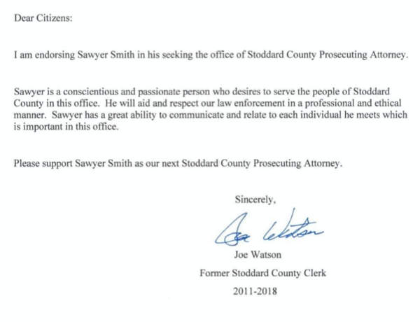 Former Stoddard County Clerk Joe Watson Endorses Sawyer Smith for Prosecuting Attorney