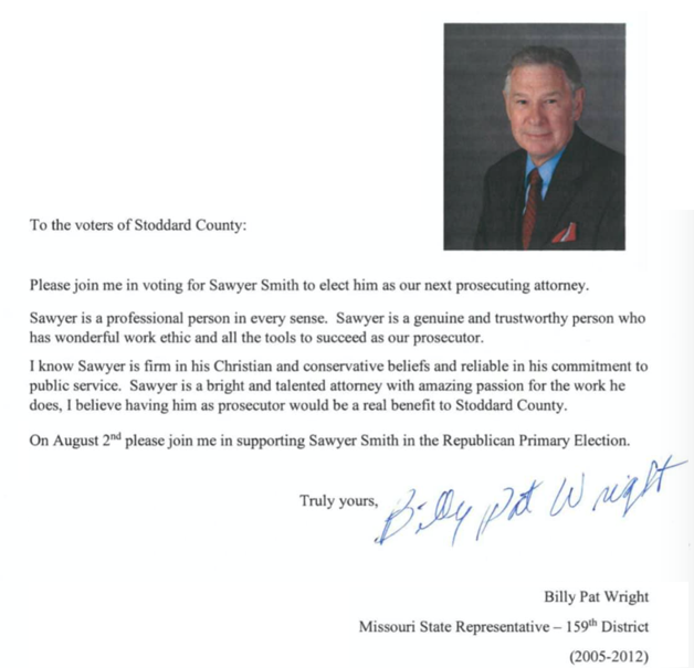 Four-Term Missouri State Representative Billy Pat Wright Endorses Sawyer Smith for Prosecuting Attorney