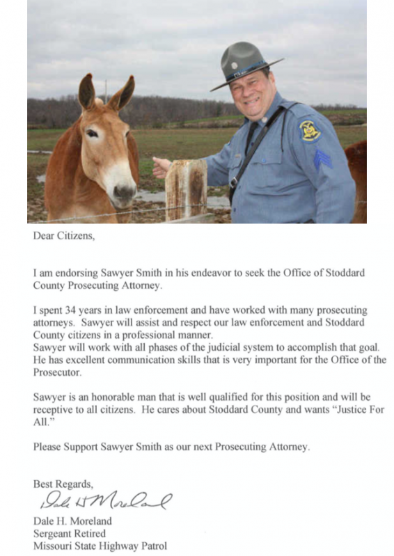 Missouri State Highway Patrol Sergeant Retired Dale Moreland Endorses Sawyer Smith for Prosecutor