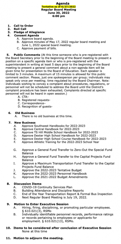 Dexter Board of Education Meeting Agenda for Thursday, June 30th