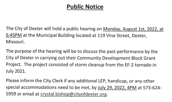 City of Dexter Public Notice of a Public Hearing