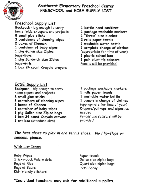 Southwest Elementary Preschool Center - Preschool and ECSE Supply List