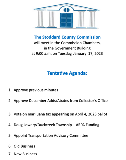 Stoddard County Commissioners Meeting Agenda - Tuesday, January 17, 2023