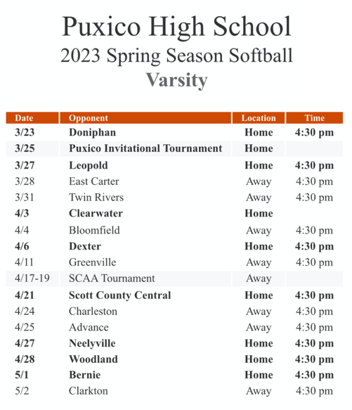 2023 Puxico High School Softball Schedule