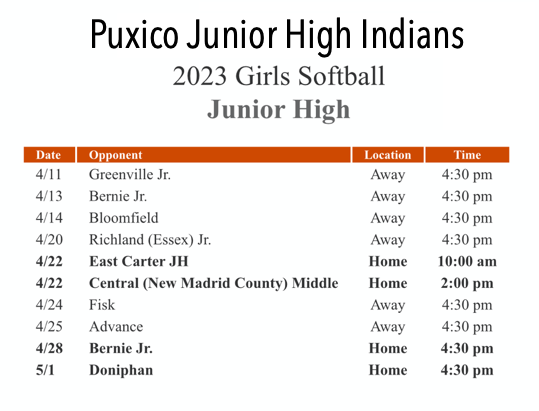 2023 Puxico Jr. High School Softball Schedule