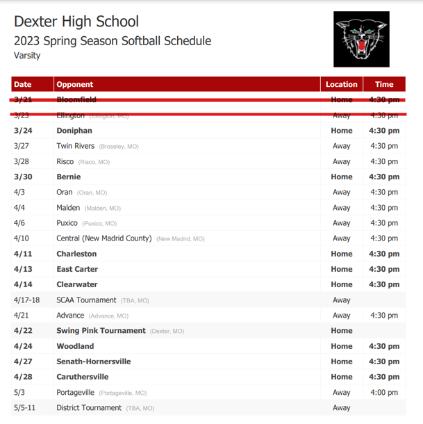 2023 Dexter High School Softball Schedule