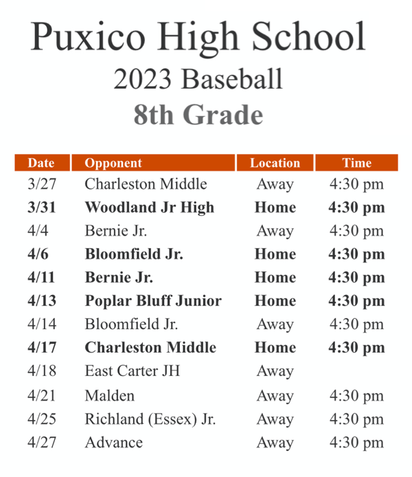 2023 Puxico Jr. High School Baseball Schedule
