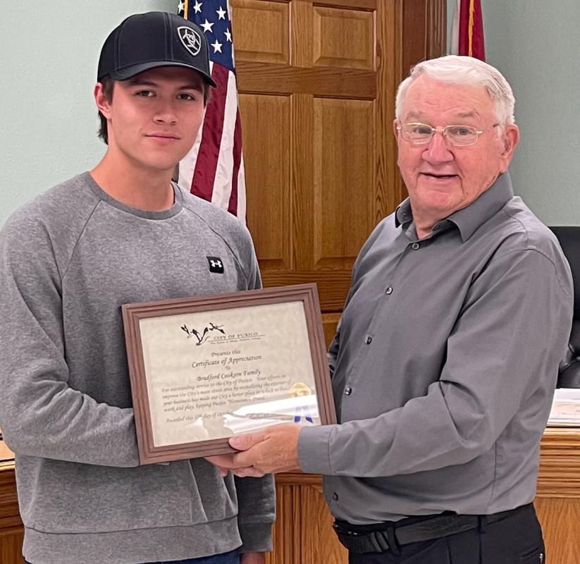 Certificate of Appreciation Awarded to the Bradford Cookson Family